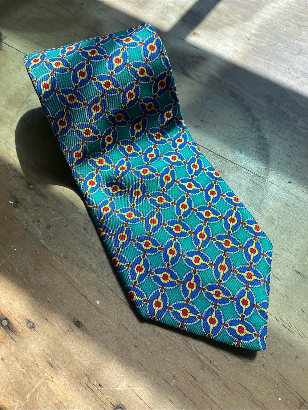 Brooks Brothers Teal Green Silk Tie with Red, Yellow, Blue Chain Pattern